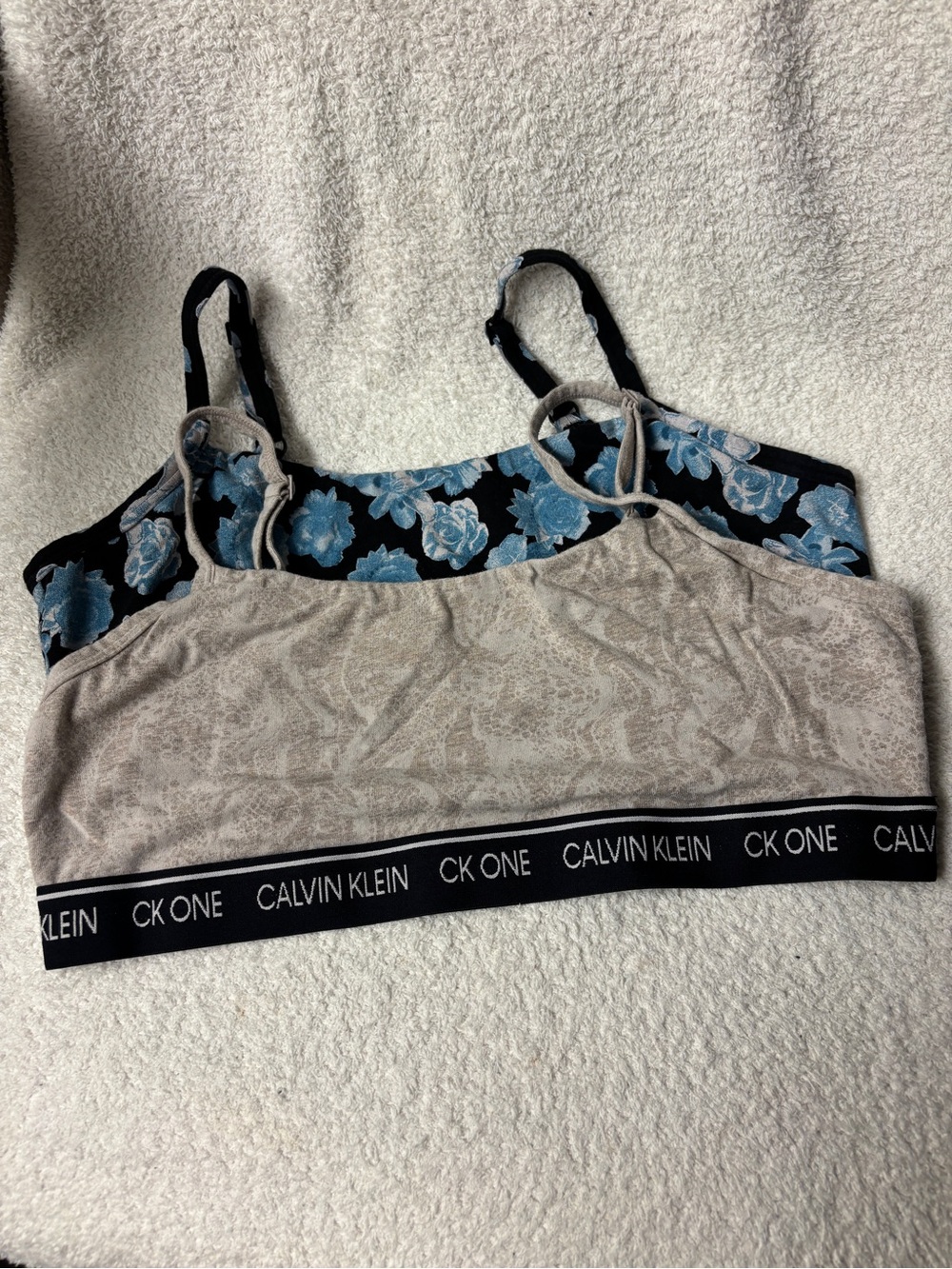 2 Calvin Klein Beige & Blue Floral Double Bralette with CK One Band size L